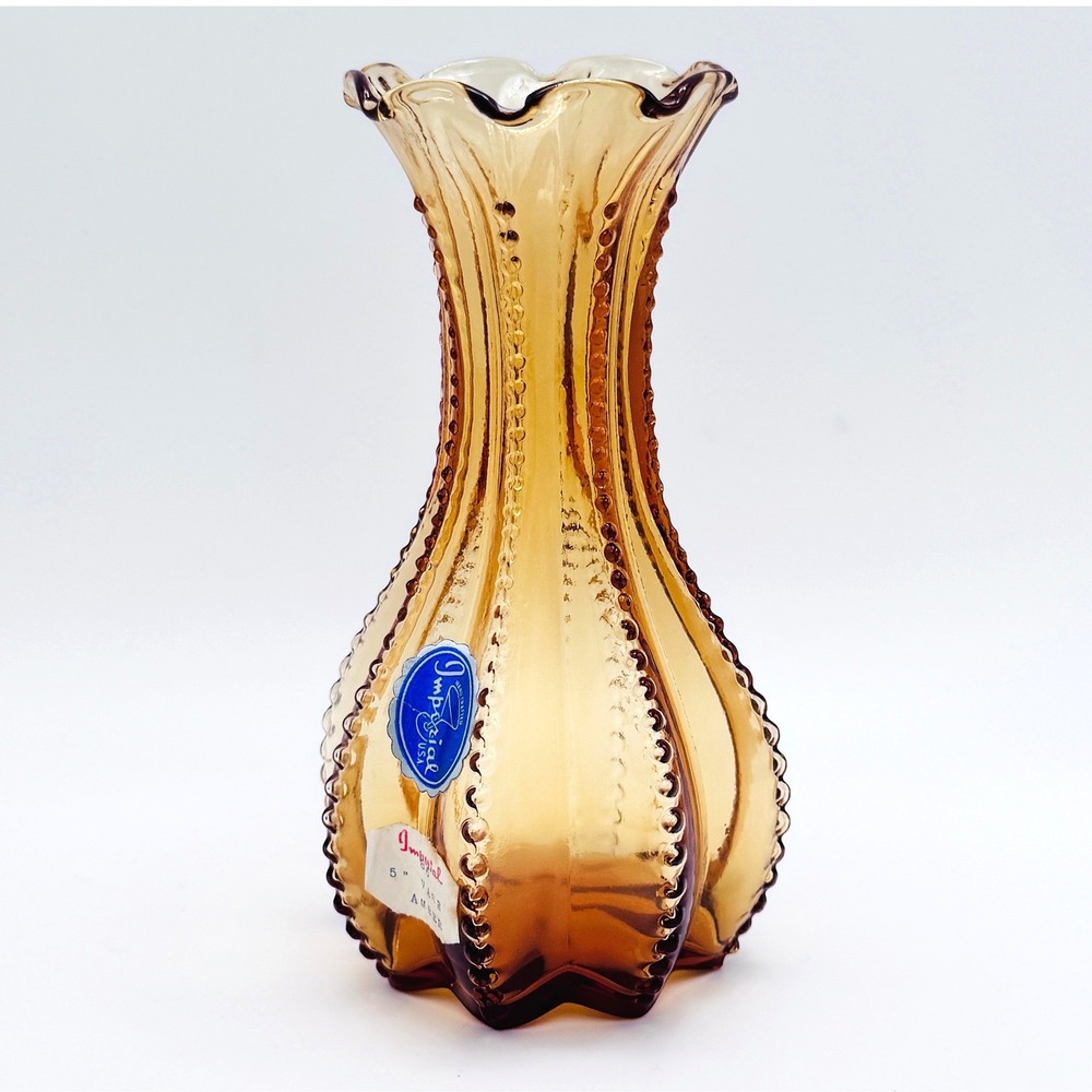 Imperial Glass Amber Vase‎ 5" Hand Crafted USA Scalloped Beaded Vintage Retro